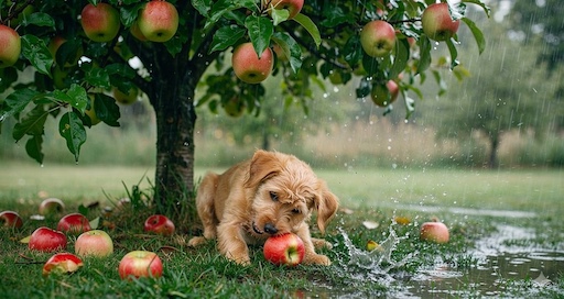 Generated - Puppy under apple tree in rain